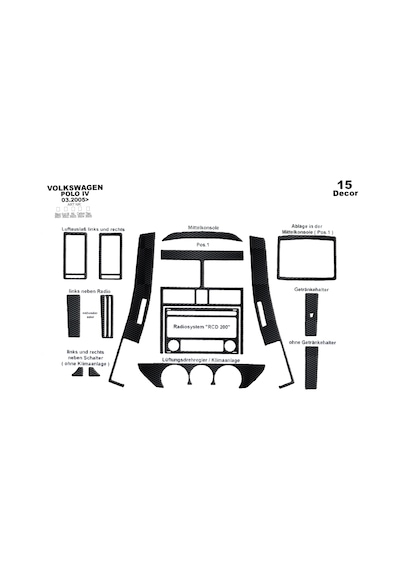 Volkswagen Polo Uyumlu Torpido Kaplama 2005-2009 15 Parça Siyah Karbon