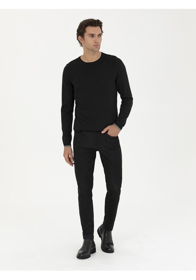 Cacharel Siyah Slim Fit Pamuk Karışımlı Bisiklet Yaka Basic Triko Kazak