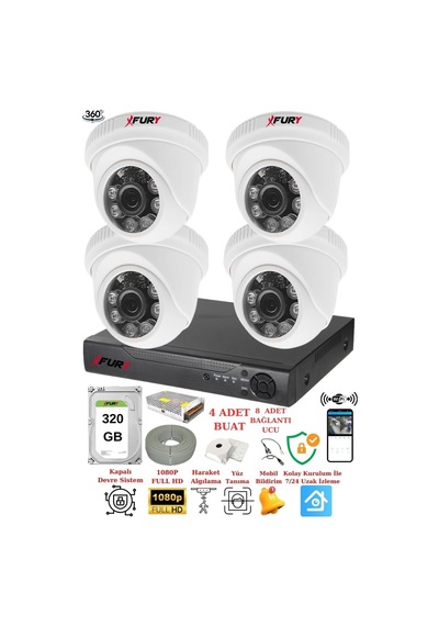 Fury 4 Kameralı 5mp 3.6mm Lens 2mp Görüntü 6 Atom Led Gece Görüşlü Fullhd Güvenlik Kamerası 1412a 320 Gb