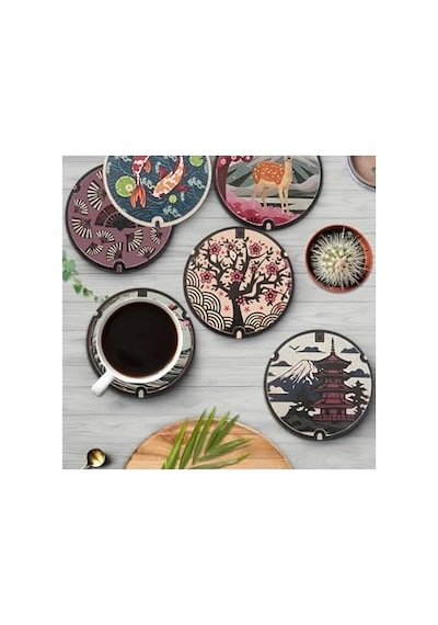 Japon Sanatı Temalı 6 Lı Bardak Altlığı Mdf 10 Cm Brd-041 124-Pembe