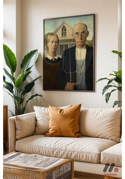 Grant Wood American Gothic, Siyah Çerçeveli Duvar Tablosu - Sanatsever Hediyesi