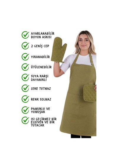 Simple 3lü Set Ayar Askılı Mutfak Önlüğü Seti Eldiven, Tutacak Fıstık Yeşili