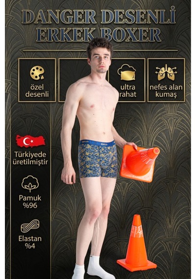Mercan Desenli Boxer Pamuklu 'danger' Baskılı Erkek Boxer
