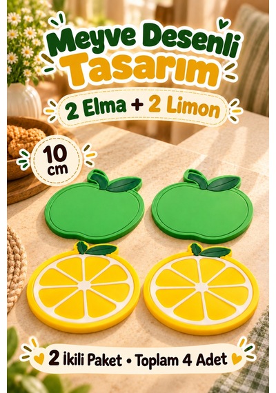 4'lü Elma Limon Desenli Bardak Altlığı Set 10cm Kahve Çay Fincan Altlığı Renkli Masa Sunum Aksesuarı Çok Renkli