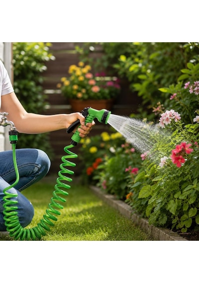 Orret Home 10 Metre Spiral Bahçe Sulama Hortumu Seti, 7 Fonksiyonlu Sprey Tabancalı Uzayabilir Kompakt Hortum,pratik B