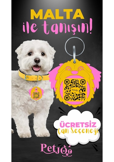 Petjoo 12.Malta Pembe-Sarı Qr'lı Köpek Künyesi