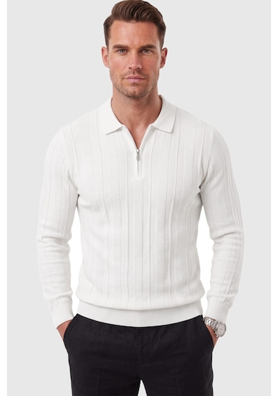 Rizzup Erkek Slim Fit Dokulu Beyaz Triko Kazak Fermuarlı Polo Yaka Likralı Esnek 2708505