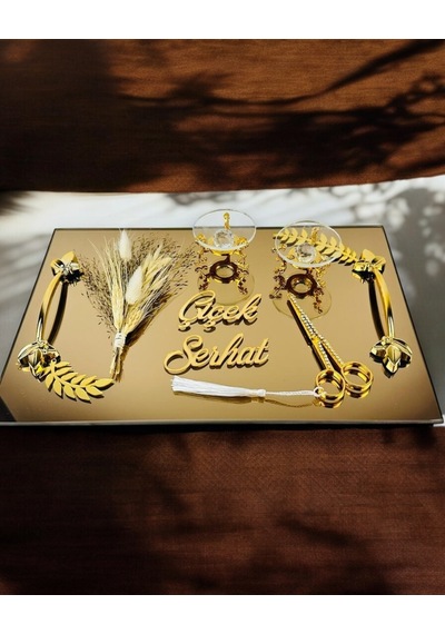 Cherish Gold Aynalı Nişan Tepsisi Ve Söz Tepsisi Mavi Mavi