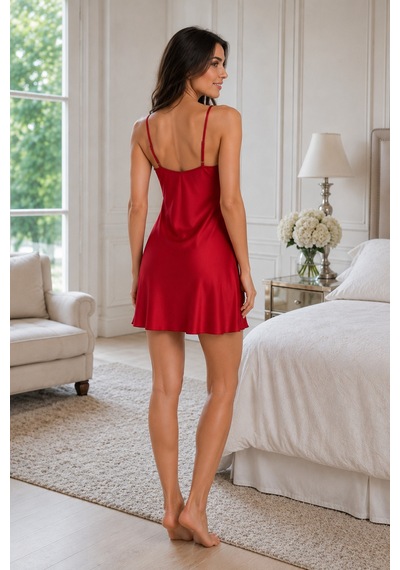 Loule Bordo Dantelli Saten İnce Askılı Mini Gecelik
