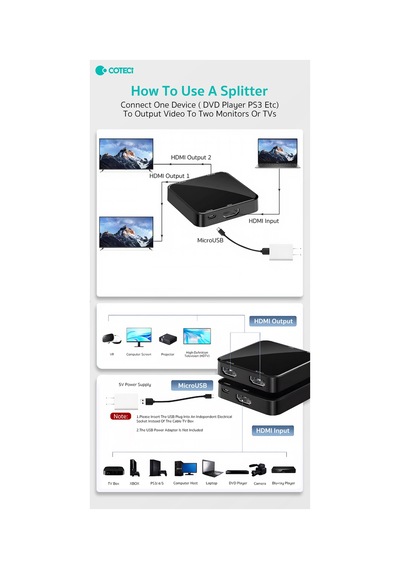 Hdmı 1.4 Splitter 1 Giriş 2 Çıkış Görüntü Çoğaltıcı Adaptör 4k 1080p Çift Ekran Yansıtma Ps5 Xbox Laptop Tv Monitör Projeksiyon Uyumlu