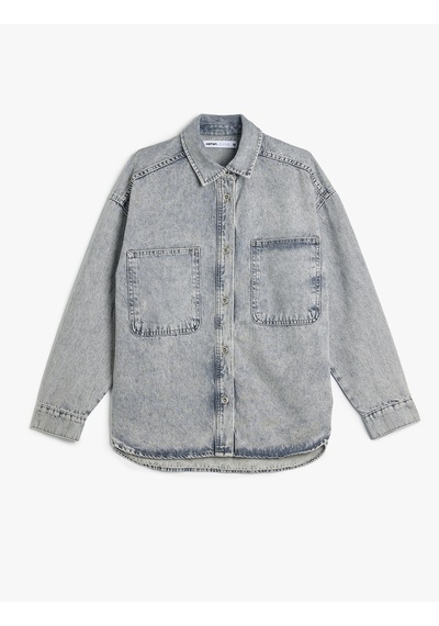 Koton Oversize Düğmeli Cep Detaylı Yıkamalı Denim Shacket Gri 5sal60007md Gri