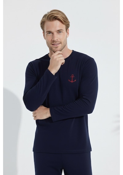 Free Beka Erkek Nakışlı Lacivert Uzun Kollu Penye Kumaş Mevsimlik Pijama Takımı