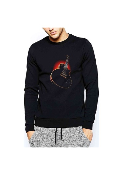 Les Paul Baskılı Siyah Erkek Örme Sweatshirt