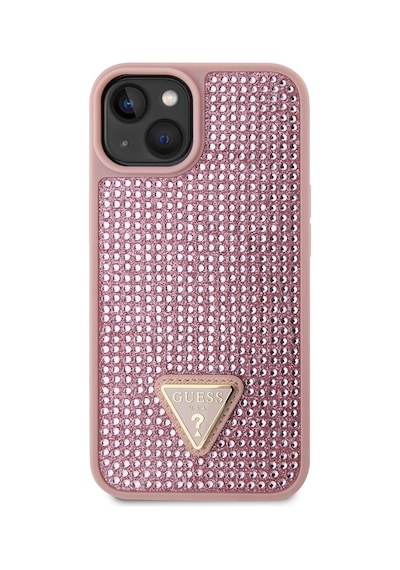 Apple iPhone 14 Uyumlu Kılıf Guess  Lisanslı Taşlı Arka Yüzey Üçgen Logolu Kapak Pembe