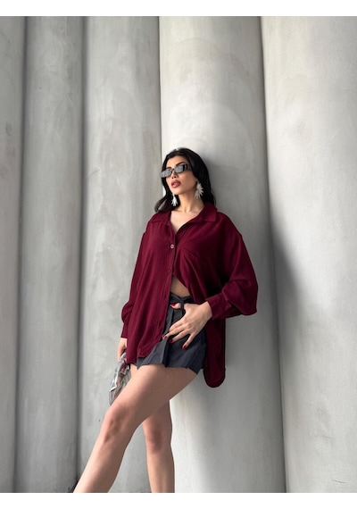 Paw Garage Kadın Flory Ayrobin Oversize Tek Cep Gömlek Bordo
