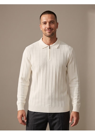 Maccali Erkek Beyaz Fitil Detaylı Fermuarlı Polo Yaka Triko Sweatshirt