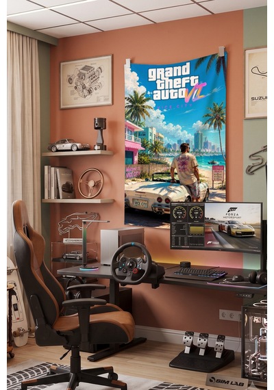 Gta 6 Sahil Araba Temalı Dekoratif Duvar Örtüsü Duvar Halısı Beyaz