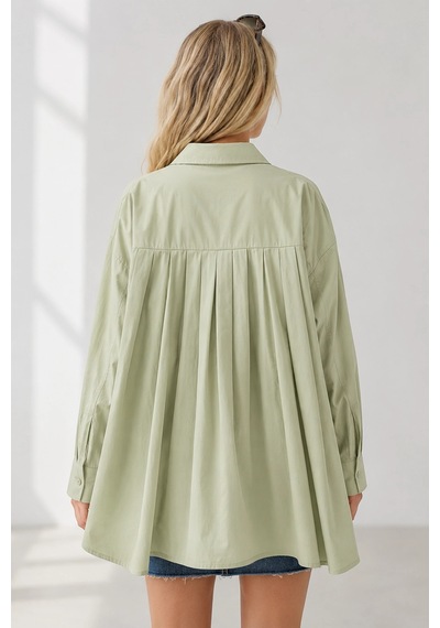 Mevese Menri Kadın Oversize Pensli Cepli Poplin Gömlek - Yeşil