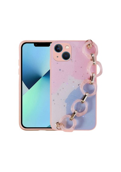 Apple Uyumlu iPhone 13 Uyumlu Simli Desenli El Askılı Tutacaklı Zore Elsa Silikon Kılıf-pembe Pembe -