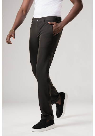 Ecer Slimfit Beli Yarım Lastikli Likralı Duble Paça Yazlık Kumaş Pantolon Siyah