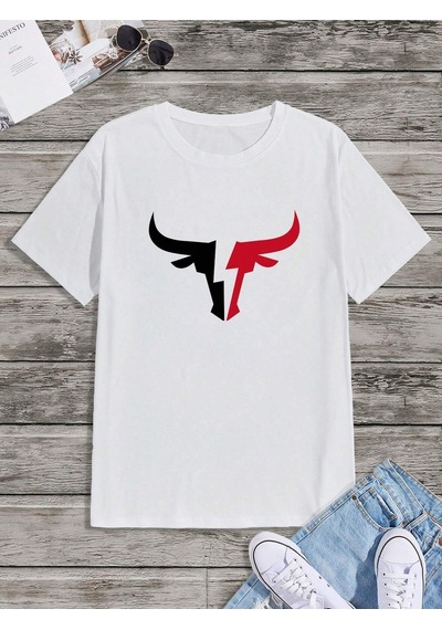Boğa Sembol T-shirt - Beyaz Baskılı Oversize Bisiklet Yaka Kısa Kol Tişört Beyaz