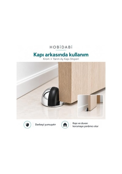 Yarımay Yapışkanlı Kapı Kolu Stoperi, Metal Kapı Tamponu, Koruyucu Kapı Durdurucu 5, Krom