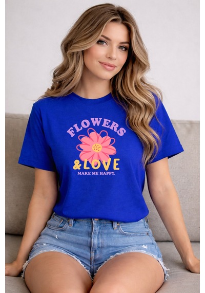 Herkesemoda Flowers Love Baskı Detaylı Basic T-shirt Mavi