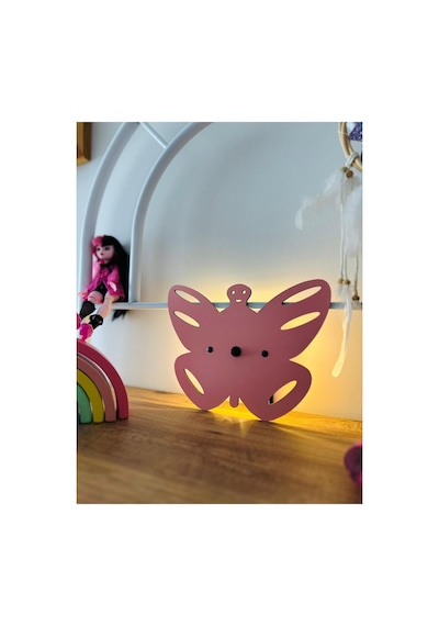 Kelebek Pilli Aplik Pembe Ahşap