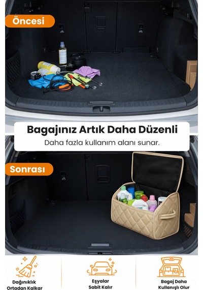 Bagaj Çantası Oto Bagaj Organizer Lüks Tay Tüyü Su Geçirmez Kaymaz Katlanır - Bej