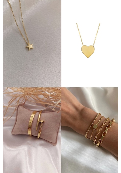 X-lady Accessories Altın Renk Kombin Kalp Kolye Yıldız Kolye Çivi Bileklik Altın