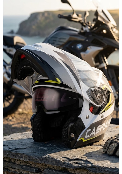 Caspiano Vento Premium Çene Açılır Kask Güneş Vizörlü Gri Sarı Ece 22.06 Sertifikalı