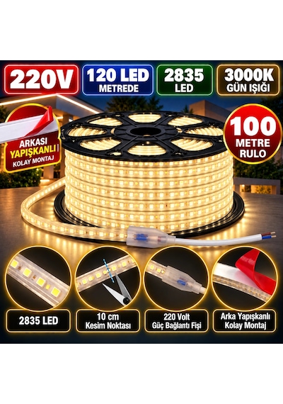 100 Metre 220v 8mm 2835 120 Led 3000k Günışığı Arkası Yapışkanlı Hortum Led Ip65 Güç Kablosu Dahil