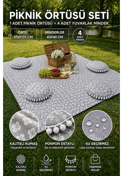 Su Geçirmez Piknik Örtüsü Ve Minder Seti 170x170 Cm Örtü 4 Adet Yuvarlak Ponponlu Minder Çok Renkli Su Geçirmez Piknik Örtüsü Ve Minder Seti 170x170 Cm Örtü 4 Adet Yuvarlak Ponponlu Minder Çok Renkli