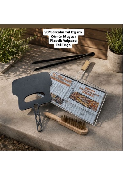 Ahşap Saplı 1.kalite Kalın Izgara 30 50 Cm,kömür Köz Maşası , Tel Fırça,plastik Yelpaze