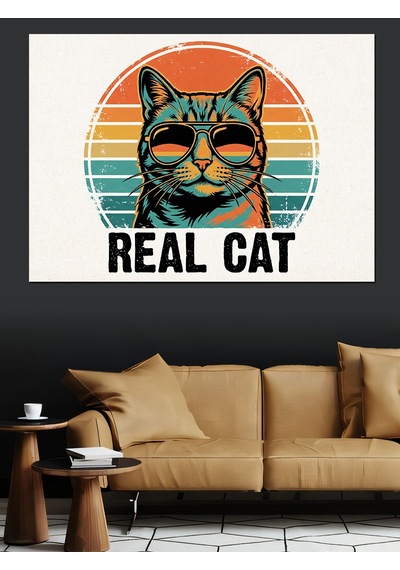 Ahşap Tablo Gözlüklü Cool Karizma Kedi Portresi