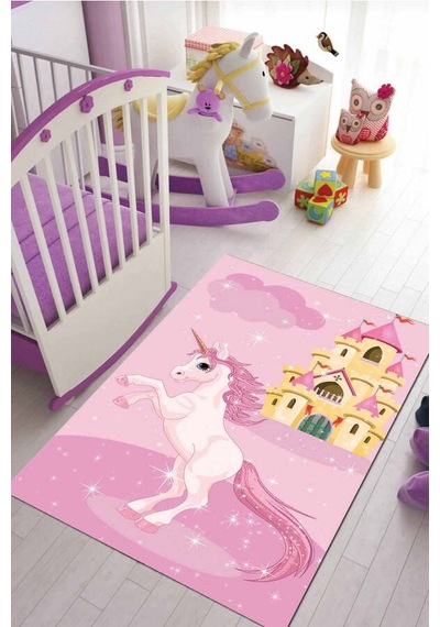 Pembe Kaymaz Tabanlı Yıkanabilir Unicorn Çocuk Halısı Kd123n11