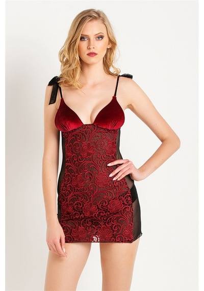 Magic Form 7290 Kadın Bordo Kadife Kumaşlı Prada Dantelli Gecelik Bordo
