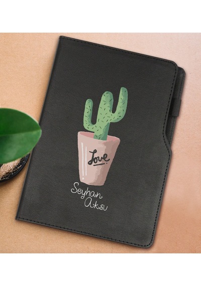 Bk Gift Kişiye Özel Kaktüs Tasarımlı Siyah Termo Deri Not Defteri 15x21cm-5