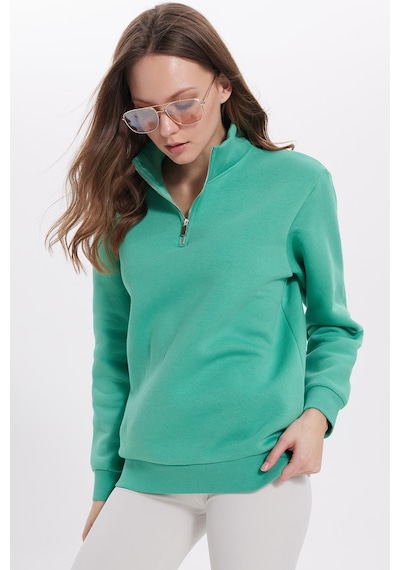 Tudors Kadın Relax Fit Rahat Kesim Pamuklu İçi Polarlı Yarım Fermuarlı Yeşil Dik Yaka Sweatshirt-41657