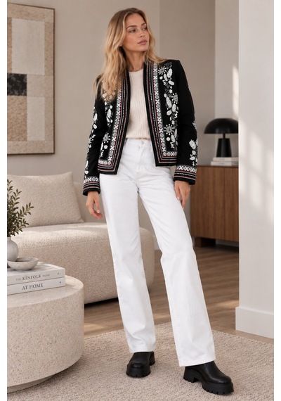 Lima Siyah Kadın Siyah Beyaz Çiçek Nakışlı Ceket Etnik Desenli İşlemeli Şık Blazer Ceket