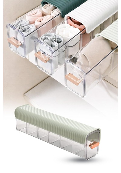 Şeffaf Yapışkanlı 6 Bölmeli Sürgülü Çekmece İçi Çorap İç Çamaşırı Organizeri 36x10x7 Cm beyaz
