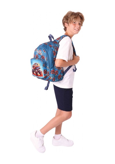 Kaukko Kids Üç Bölmeli Yeşil Kırmızı - Arazi Aracı Baskılı Erkek Çocuk Okul Ve Günlük Sırt Çantası - L5282 Yeşil - Kırmızı