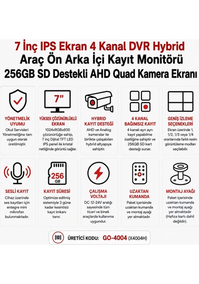 7 İnç Ips Ekran 4 Kanal Dvr Hybrid Araç Ön Arka İçi Kayıt Monitörü 256gb Sd Destekli Ahd Quad Kamera Ekranı