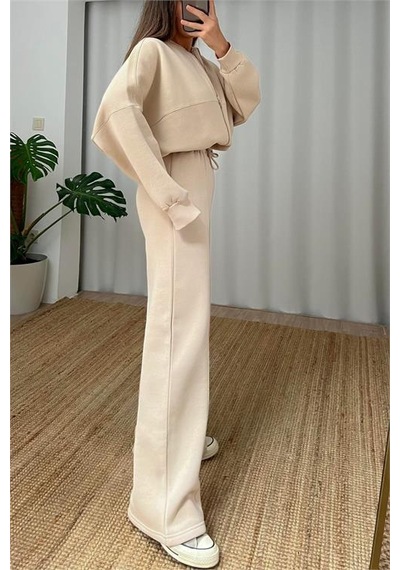 Neşeli Butik Kadın Şardonlu Üç İplik Eşofman Takımı Gts018 - Bej Bej