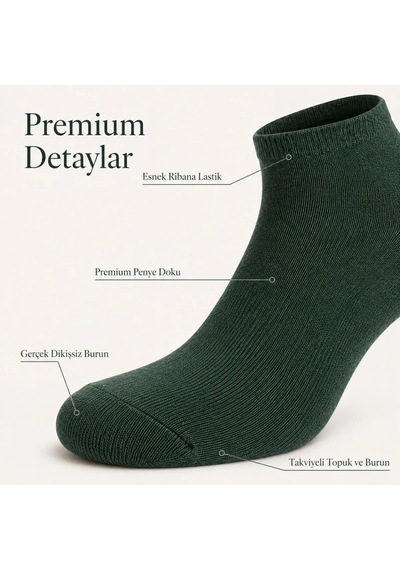 Elitse Erkek Pamuklu Patik Çorap 12 Li Paket 39-44 Dikişsiz Burun, Koku Karşıtı, Nefes Alan Kısa Konç Sneaker Çorabı Haki 12'li