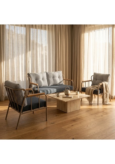 Paris 2+1+1 Metal Balkon Takımı Keten Dokulu Kumaş Cappuccino Metal - Bahçe Teras Oturma Grubu