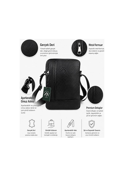 Alphaclub Bag Erkek Siyah Hakiki Deri Postacı El Ve Omuz Çantası Orta Boy