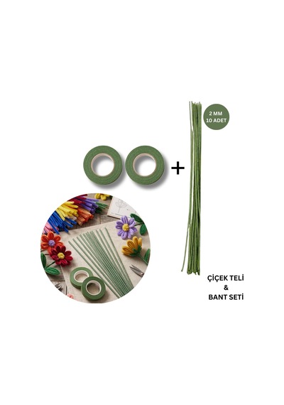 Yeşil Çiçek Teli 10lu, 2mm-40 Cm & 2 Adet Açık Yeşil Çiçek Bandı Seti, Hobi, Dıy Çiçek Yapım Seti Yeşil