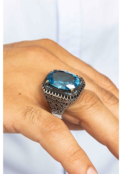 Oval Aqua Taşlı Telkari Desenli Gümüş Erkek Yüzük -8443 Gümüş