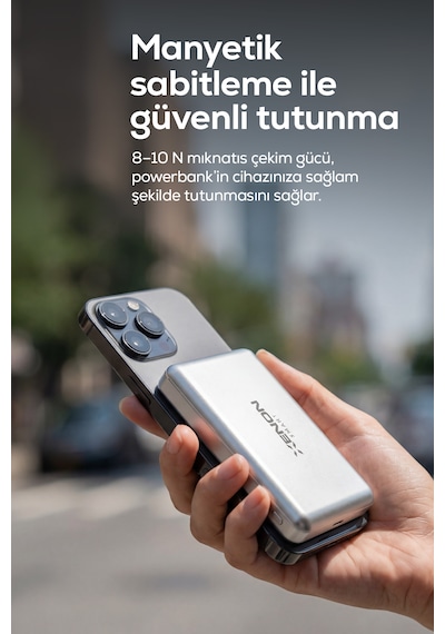 Xenon Smart MagSafe Powerbank 10.000 mAh, 15W Kablosuz, 22.5W Kablolu Hızlı Şarj, Alüminyum Kasa (X6441)